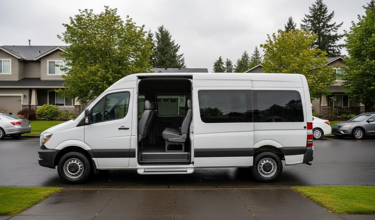 A white high-roof passenger van with tinted side windows at a residential curb, its sliding door open on gray seats