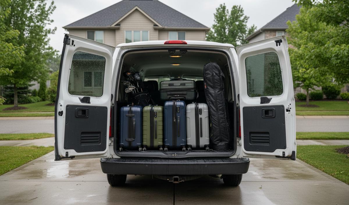 The open rear doors of a white van with five suitcases, a golf bag and a long ski bag packed behind the last seat row